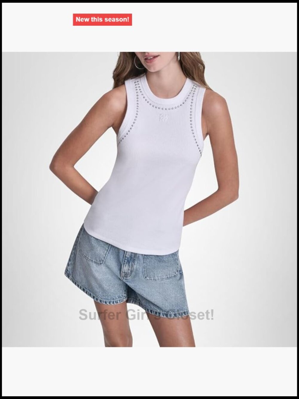 Crew Neck Tank Top with Studs Cotton Blend Cap Sleeve
